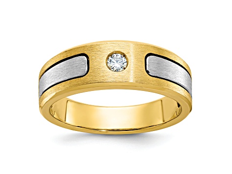 10K Two-tone Yellow and White Gold Men's Polished and Satin Diamond Ring 0.10ctw