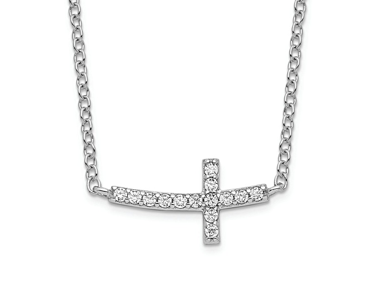 Rhodium Over Sterling Silver Cubic Zirconia Sideways Cross with 2-inch Extension Necklace