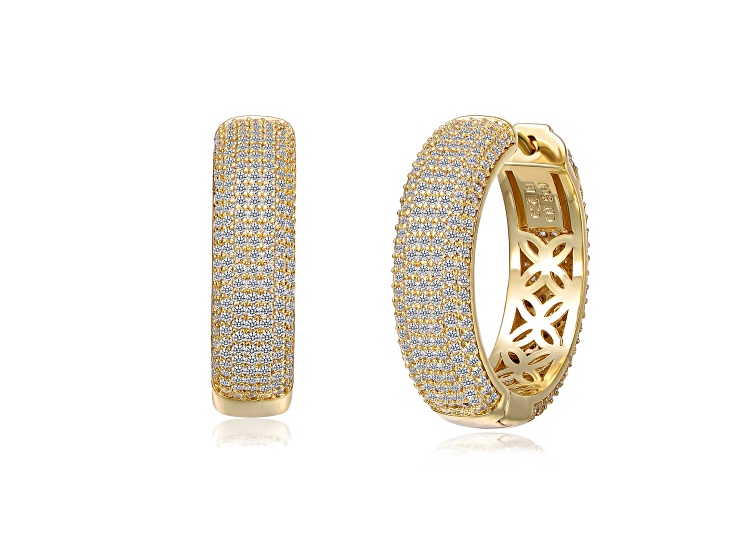 Clear Cubic Zirconia, 14k Gold Plated over Sterling Silver Pave Hoop Earrings