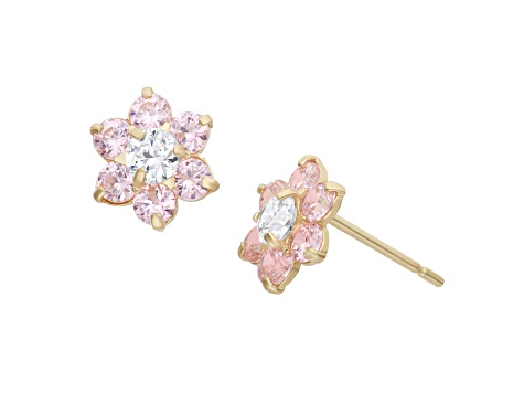 Pink And White Cubic Zirconia 14k Yellow Gold Children's Flower Earrings 0.68ctw