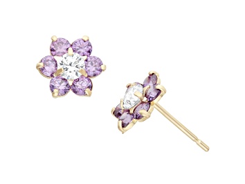 Picture of Purple And White Cubic Zirconia 14k Yellow Gold Children's Flower Earrings 0.68ctw