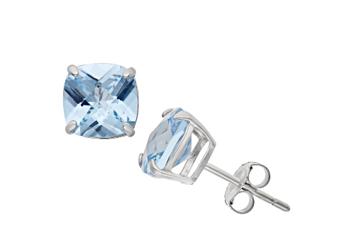 Square Cushion Lab Created Aquamarine Sterling Silver Stud Earrings 4.10ctw