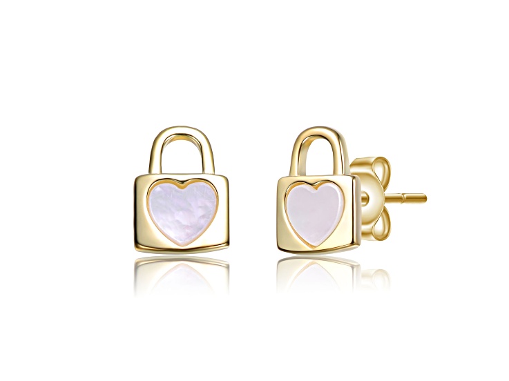 White Mother Of Pearl, 14K Gold Plated over Brass Heart-Shaped Lock Earrings for Kids