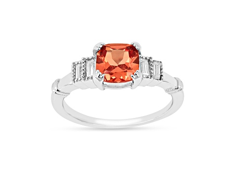 Rhodium Over Sterling Silver Lab Created Padparadscha Sapphire and Moissanite Five Stone Ring 1.0ctw