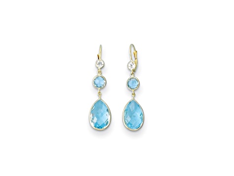 14K Yellow Gold Blue and White Topaz Leverback Dangle Earrings