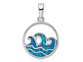 Rhodium Over Sterling Silver Blue Lab Created Opal Wave Pendant