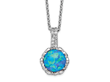 Picture of Rhodium Over Sterling Silver Cubic Zirconia and Created Blue Opal Necklace