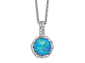 Rhodium Over Sterling Silver Cubic Zirconia and Created Blue Opal Necklace