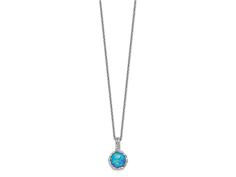 Rhodium Over Sterling Silver Cubic Zirconia and Created Blue Opal Necklace