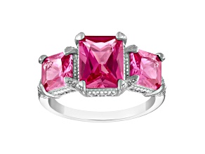 Lab Created Pink Sapphire Sterling Silver 3-Stone Ring 4.51 ctw