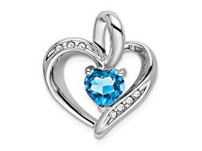 Rhodium Over 14k White Gold Blue Topaz and Diamond Heart Pendant
