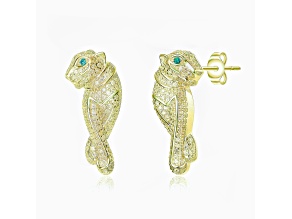 Emerald Green Cubic Zirconia, 14K Gold Plated over Brass Walking Panther Earrings