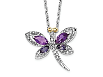 Picture of Rhodium Over Sterling Silver Amethyst, Iolite, and Diamond Dragonfly 18" with 2" Extension Necklace