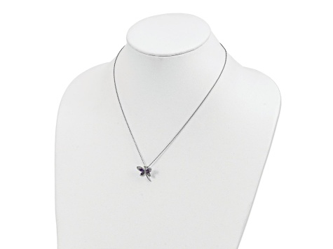 Rhodium Over Sterling Silver Amethyst, Iolite, and Diamond Dragonfly 18" with 2" Extension Necklace