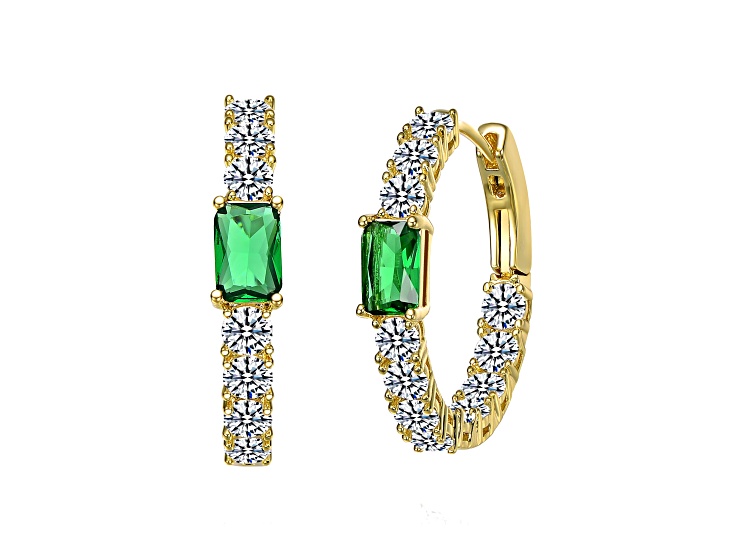 Green Cubic Zirconia, 14k Gold Plated over Brass Inside-Out Hoop Earrings