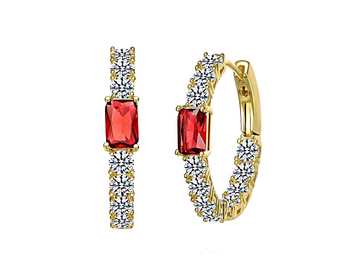 Red Cubic Zirconia, 14k Gold Plated over Brass Inside-Out Hoop Earrings