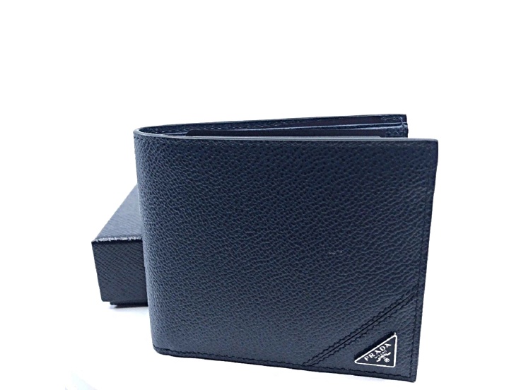 Prada Vitello Micro Grain Navy Blue Leather Triangle Logo