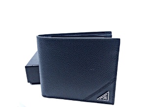 Prada Vitello Micro Grain Navy Blue Leather Triangle Logo Bifold Wallet