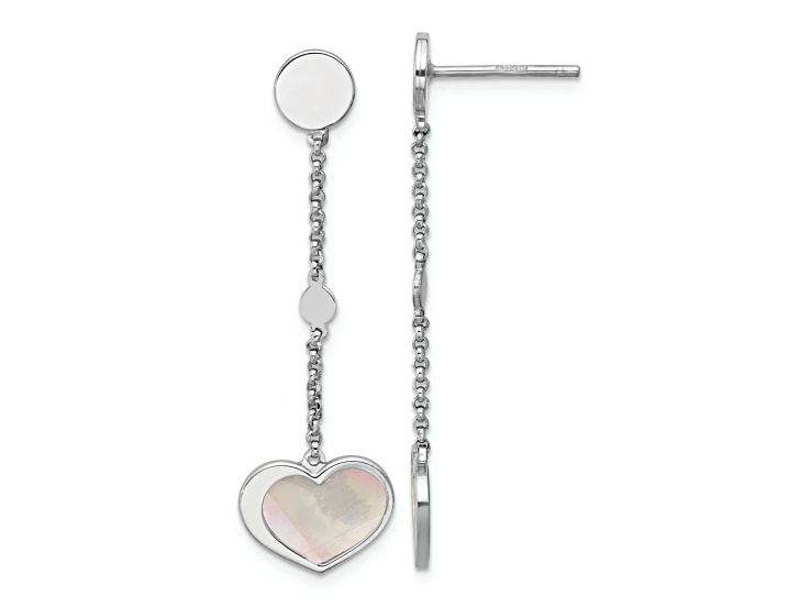 Rhodium Over Sterling Silver Mother of Pearl Heart Post Dangle Earrings