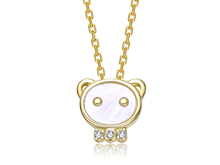 Mother-of-Pearl & Cubic Zirconia, 14K Gold Plated over Brass Bear Design Pendant Necklace For Kids