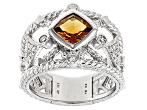 Judith Ripka 1.30ct Citrine With 0.55ctw Bella Luce® Rhodium Over Sterling Silver Textured Band Ring
