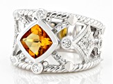 Judith Ripka 1.30ct Citrine With 0.55ctw Bella Luce® Rhodium Over Sterling Silver Textured Band Ring