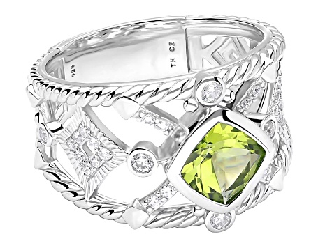 Judith Ripka 1.70ct Peridot With 0.55ctw Bella Luce® Rhodium Over Sterling Silver Textured Band Ring