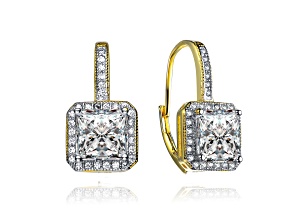 Clear Cubic Zirconia, 14K Gold Plated over Brass Halo Leverback Earrings
