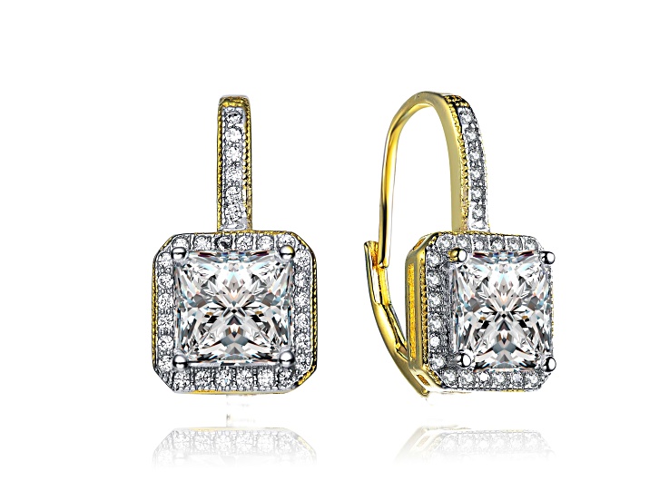 Clear Cubic Zirconia, 14K Gold Plated over Brass Halo Leverback Earrings