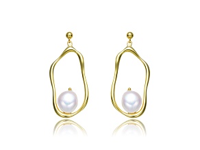 Genuine Freshwater Pearl, 14K Yellow Gold Plated over Sterling Silver Dangling Earrings