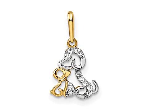 14K Two-tone Gold With White Rhodium Cubic Zirconia Dog and Puppy Pendant