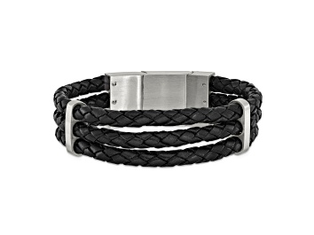 Picture of Black Braided Leather and Stainless Steel 7.75-inch with .5-inch Extension Bracelet