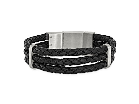 Black Braided Leather and Stainless Steel 7.75-inch with .5-inch Extension Bracelet