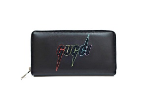 Gucci Black Leather Rainbow Blade Lightning Logo Long Wallet