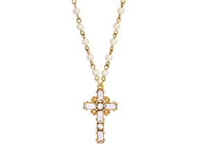 1928 Jewelry Gold Tone Crystal Cross Simulated Pearl Chain Necklace