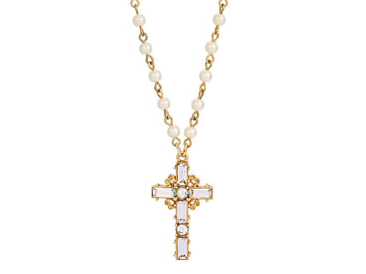 1928 Jewelry Gold Tone Crystal Cross Simulated Pearl Chain Necklace