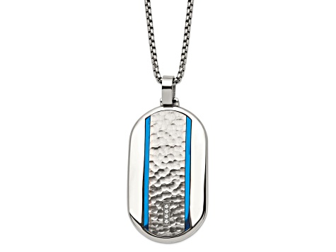 White Cubic Zirconia Stainless Steel  Blue IP-plated Men's Dog Tag Pendant With Chain