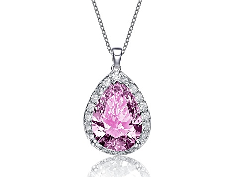 Pink Cubic Zirconia, Rhodium Plated over Brass Pear-shaped Pendant Necklace