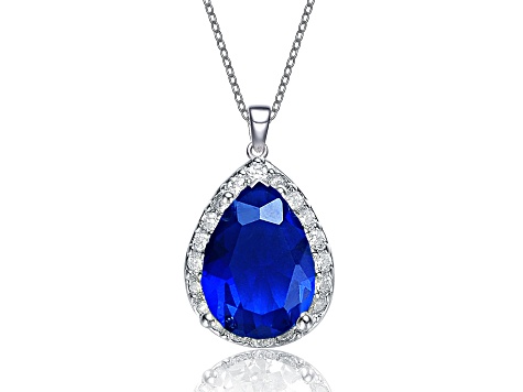 Sapphire Blue Cubic Zirconia, Rhodium Plated over Brass Pear-shaped Pendant Necklace