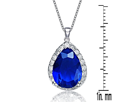 Sapphire Blue Cubic Zirconia, Rhodium Plated over Brass Pear-shaped Pendant Necklace