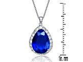 Sapphire Blue Cubic Zirconia, Rhodium Plated over Brass Pear-shaped Pendant Necklace