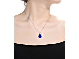 Sapphire Blue Cubic Zirconia, Rhodium Plated over Brass Pear-shaped Pendant Necklace