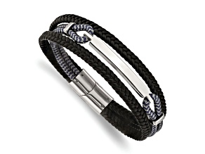 Black Leather and Stainless Steel Polished Multi Strand 8.25-inch ID Bracelet