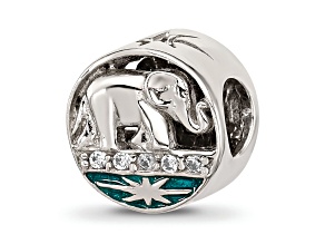 Sterling Silver Polished Cubic Zirconia Blue Enamel Elephant with Stars Bead