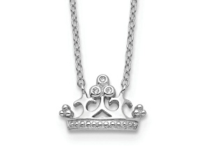 Rhodium Over Sterling Silver Polished and Beaded Cubic Zirconia Crown with 2-inch Extension Necklace