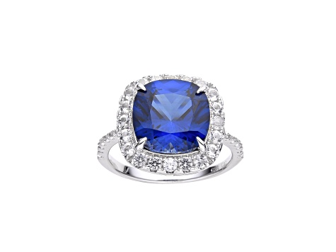 Lab Created Blue Sapphire and White Topaz Rhodium Over Sterling Silver Halo Ring