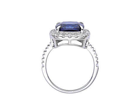 Lab Created Blue Sapphire and White Topaz Rhodium Over Sterling Silver Halo Ring