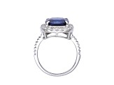 Lab Created Blue Sapphire and White Topaz Rhodium Over Sterling Silver Halo Ring