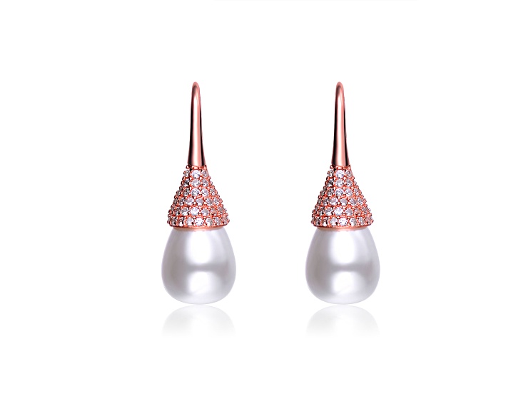 Clear Cubic Zirconia, 18k Rose Gold Plated over Sterling Silver and Pearl Bulb Earrings