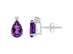 8x5mm Pear Shape Amethyst with Diamond Accents 14k White Gold Stud Earrings